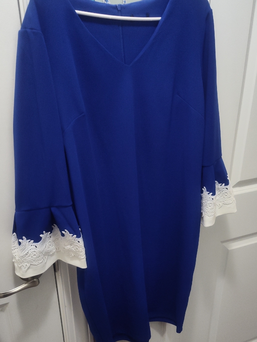 Royal Blue Shift Dress with White Lace Cuffs